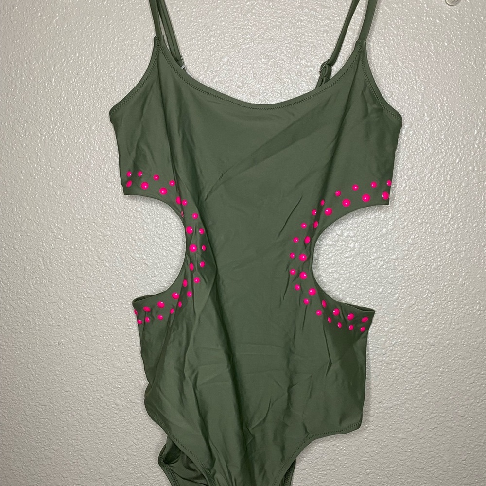 Aerie Olive Green One Piece with Pink Accents